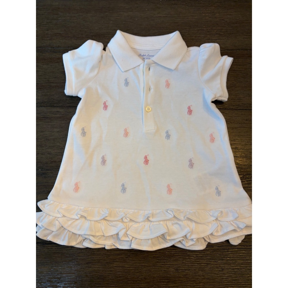 Ralph Lauren Polo Dress Baby Girls 3M White Embroidered Pony Ruffle Hem